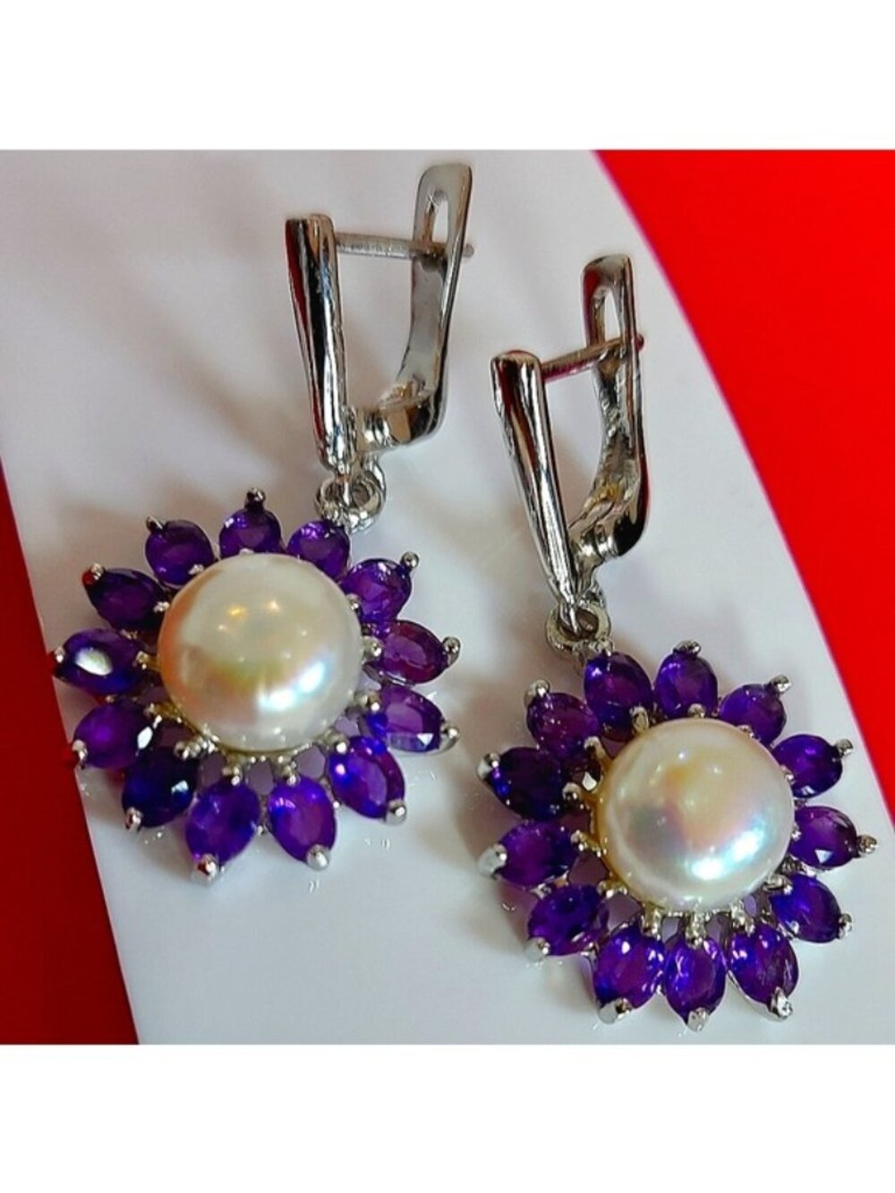 Natural Round Pearl 9mm & Amethyst 925 Sterling Silver Earrings‎